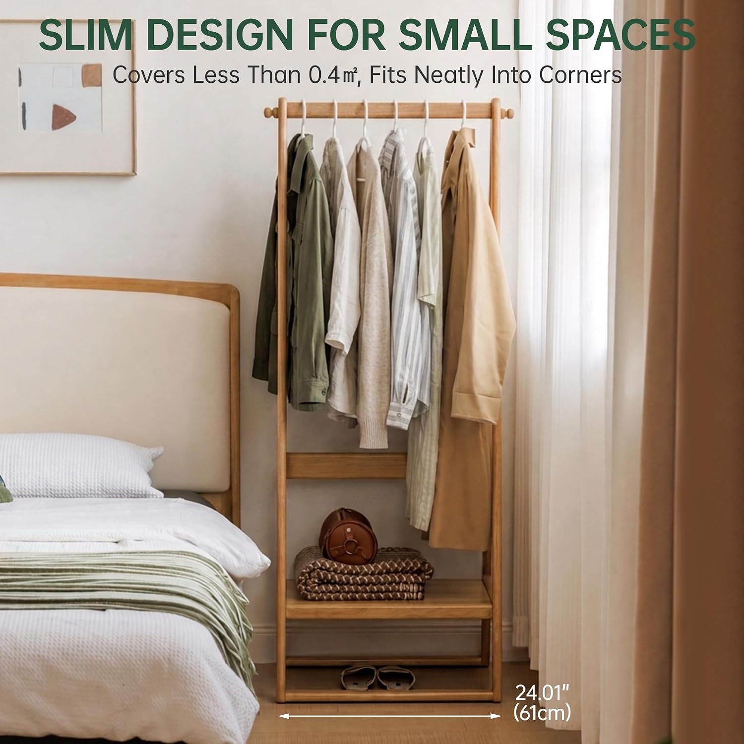 Oak, Rubberwood hanger for small bedroom floor standing storage rack