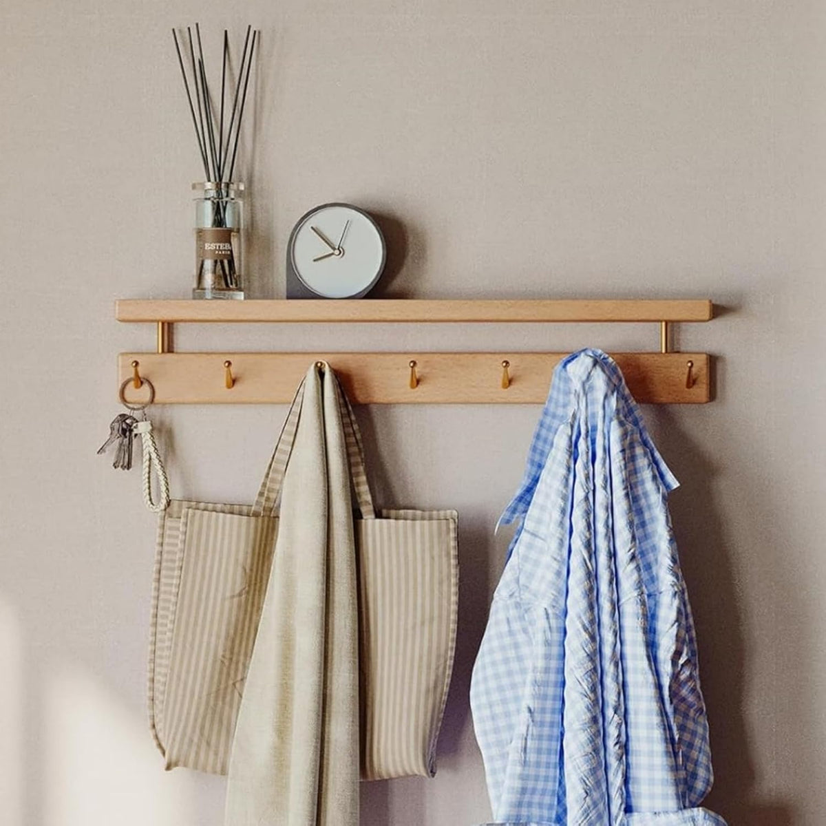 Beech Solid Wood Wall Mounted Coat Rack with Shelf