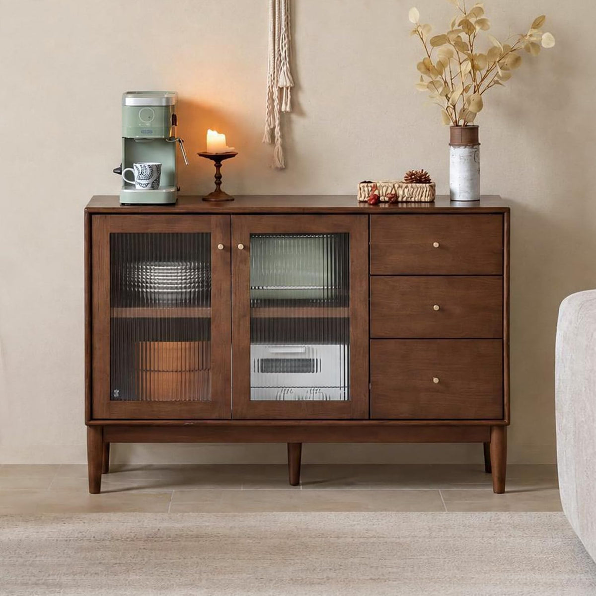 Solid Rubberwood Side Cabinet with Three Drawers and Two Doors