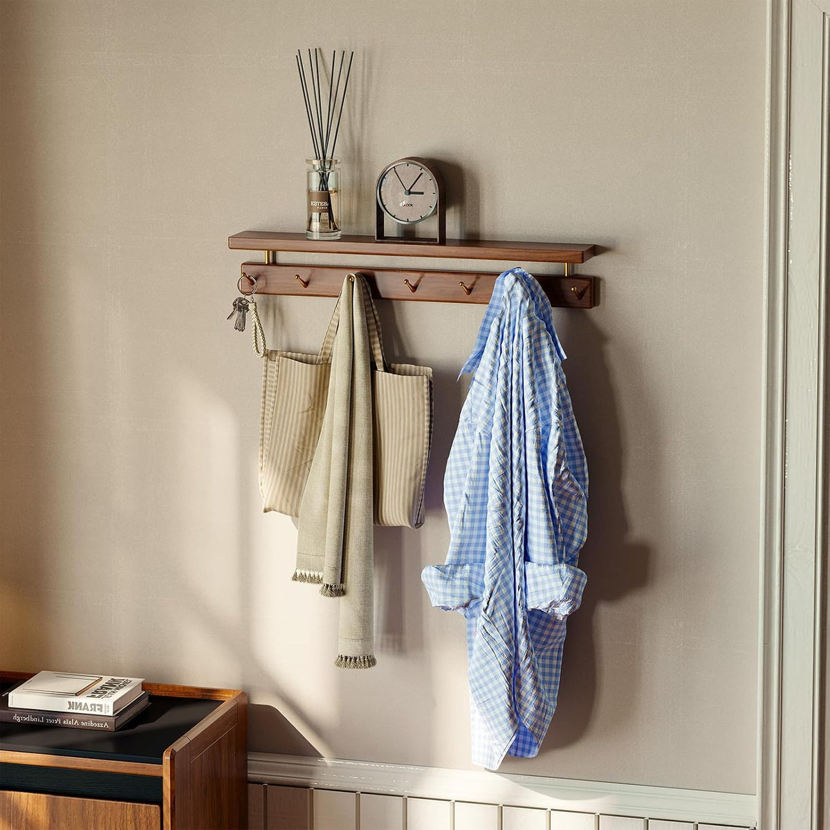 Beech Solid Wood Wall Mounted Coat Rack with Shelf