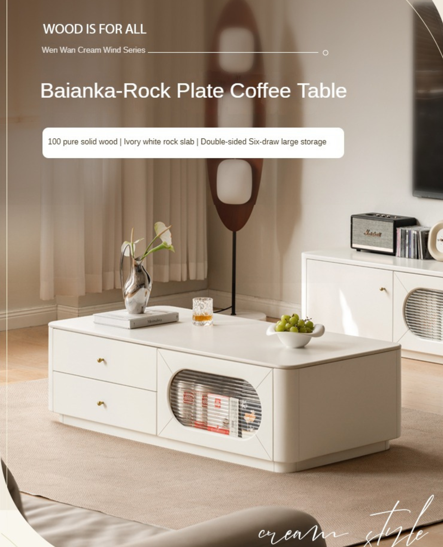 Poplar Solid Wood Floor Cream Style Rock Board Coffee Table