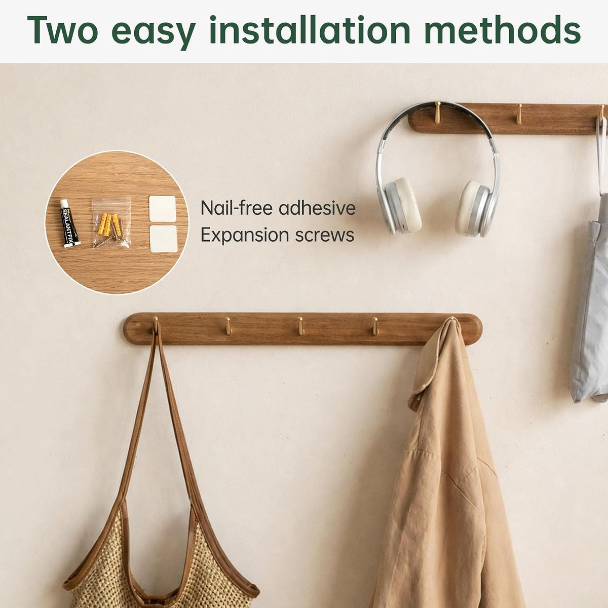 Beech Solid Wood Wall Mounted Coat Rack with 5 Hooks