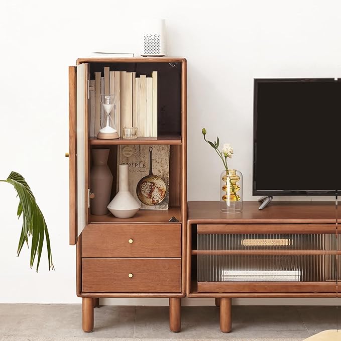 Oak Solid Wood, Pine Wood Display Cabinet with Fluted Glass Door and Tapered Legs