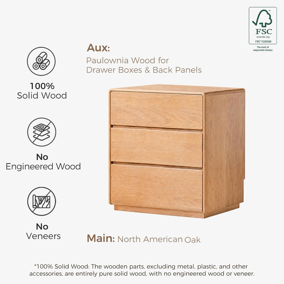 Solid Oak, Rubberwood, Wood Compact 3-Drawer Chest with Small Footprint