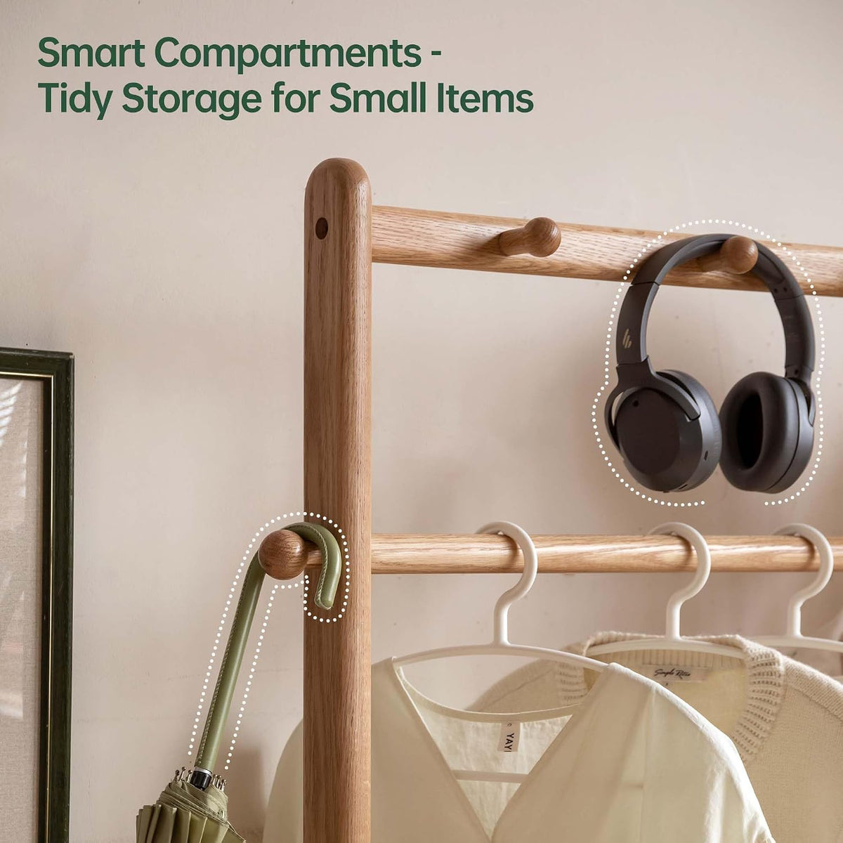Oak, Rubberwood hanger for small bedroom floor standing storage rack