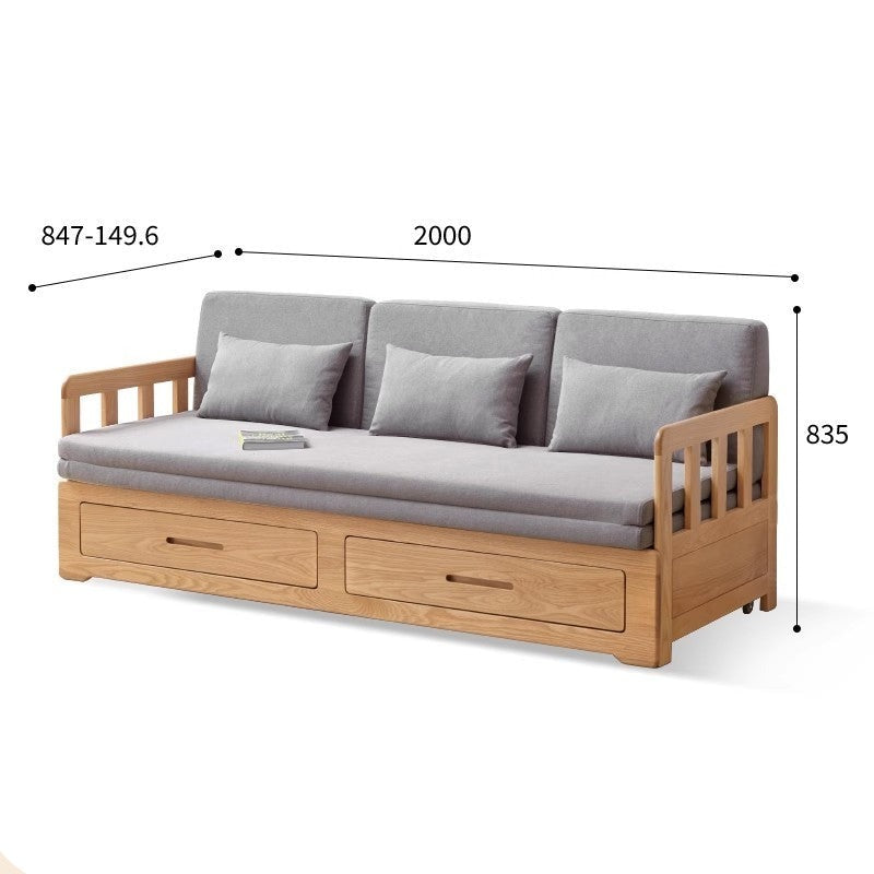 Oak Solid Wood Sofa Bed Folding Retractable Storage.