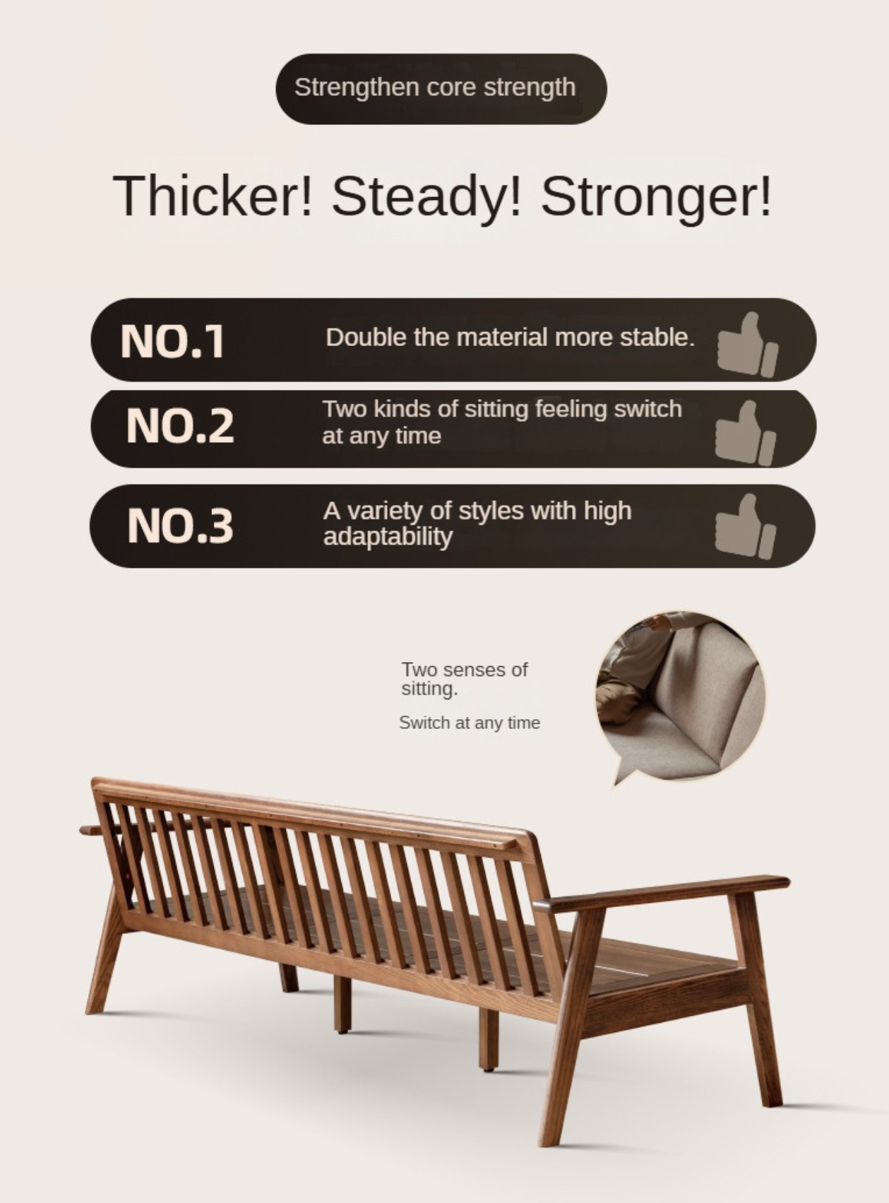 Oak Solid Wood Straight Sofa 4 fabrics color