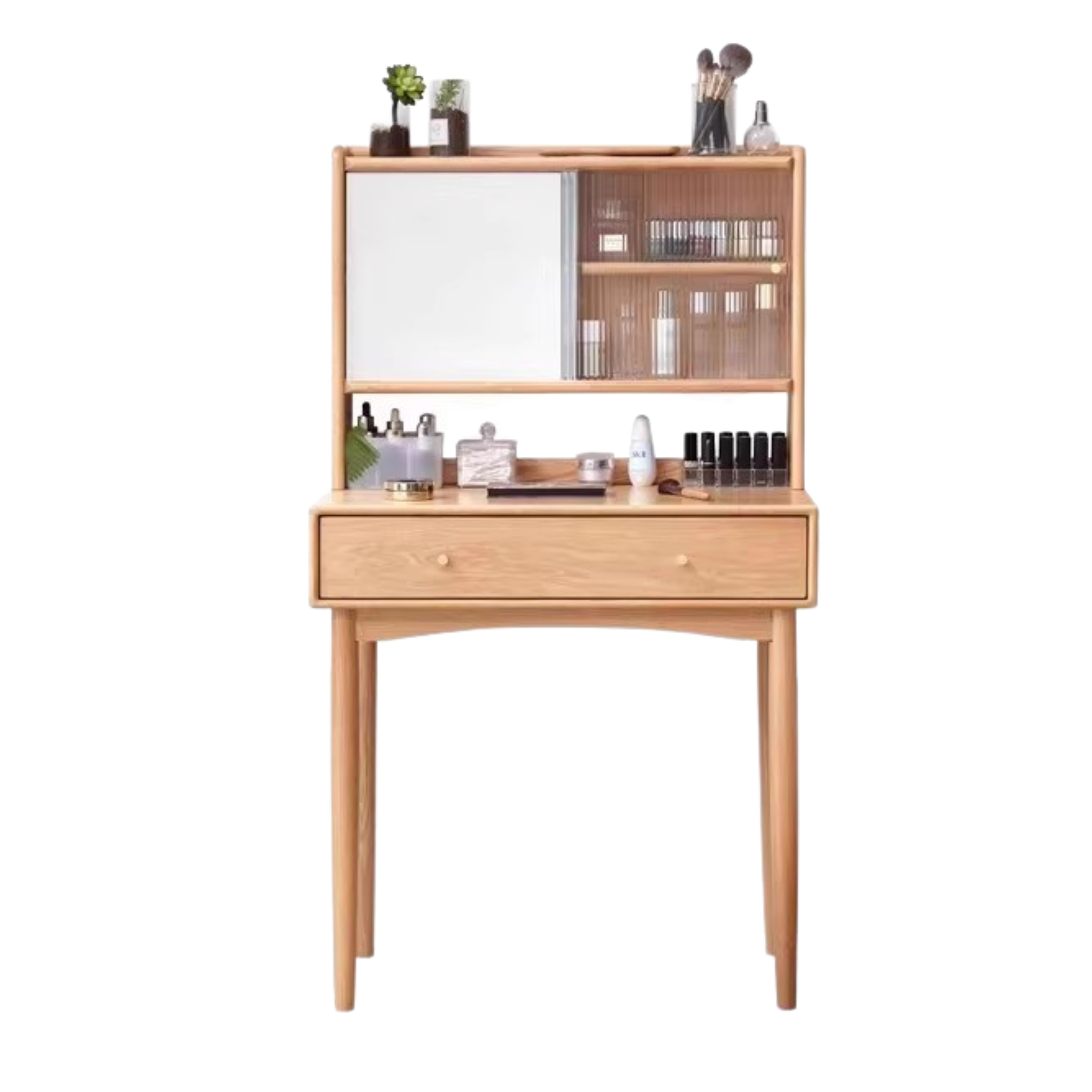 Oak Solid Wood, Solid Rubberwood Vanity Table Hidden Makeup Mirror.