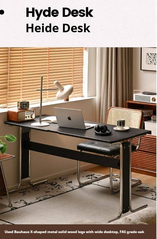 Oak, Ash Solid Wood Bauhaus Black Computer Desk.