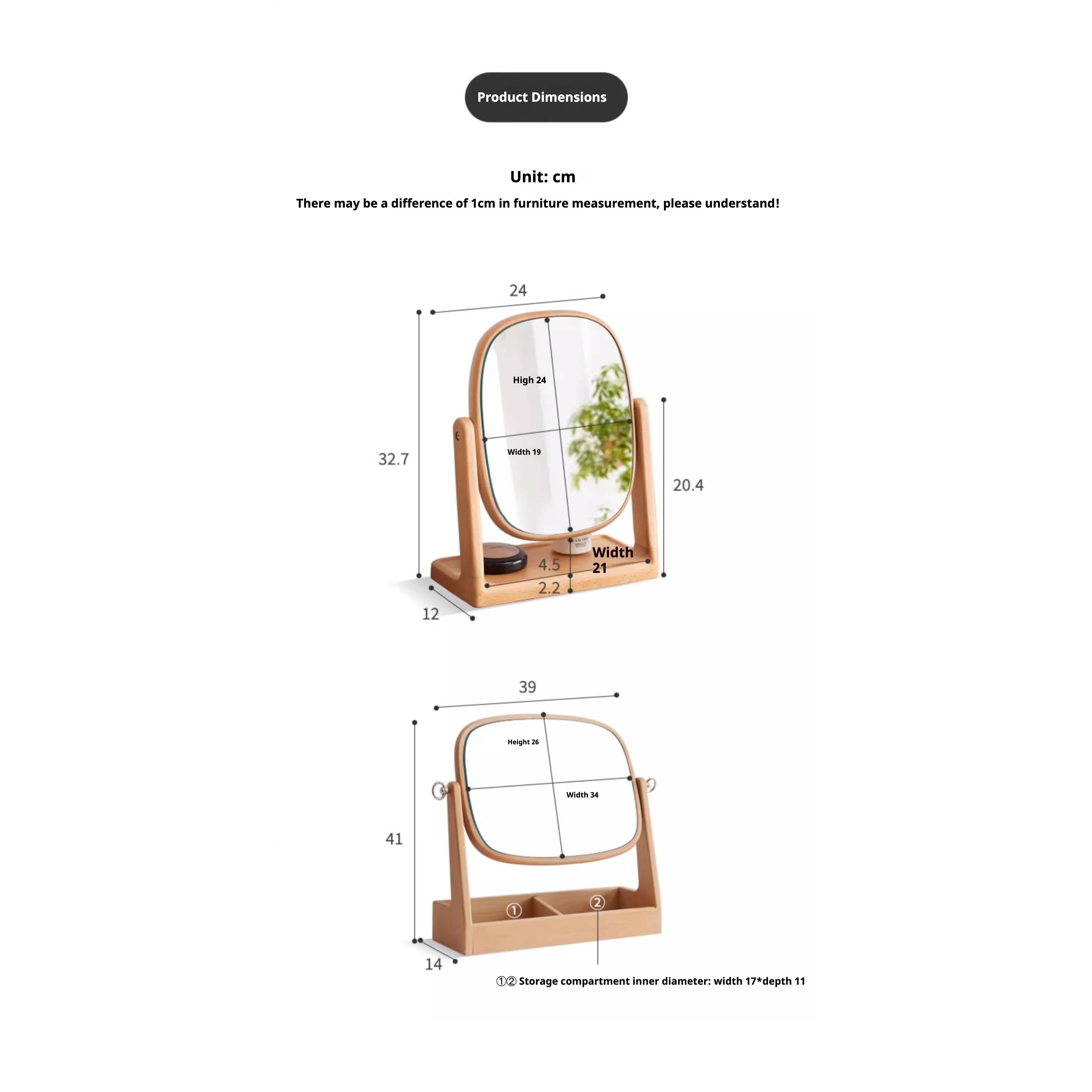 Beech, Black Walnut, Cherry Solid Wood Makeup Mirror