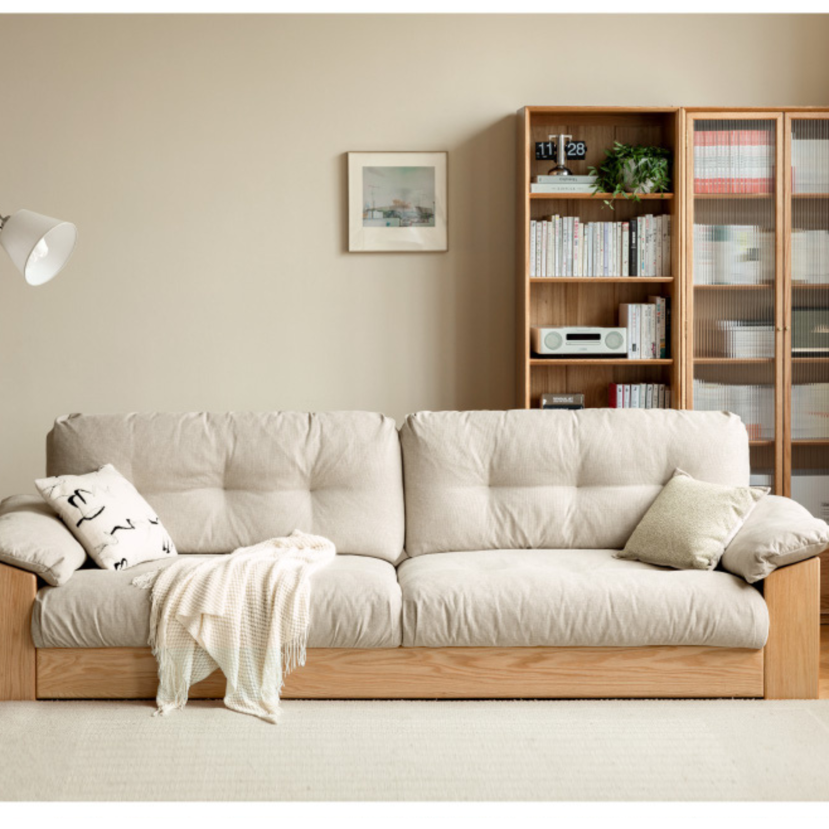 Oak Solid Wood Floor Storage Sofa, Goose Down.