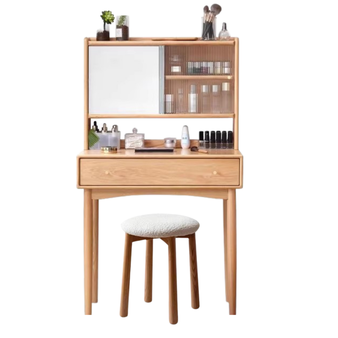 Oak Solid Wood, Solid Rubberwood Vanity Table Hidden Makeup Mirror.