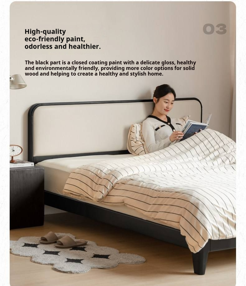 Rubberwood Solid Wood Bed — Modern Minimalist Design with Black Soft Headboard