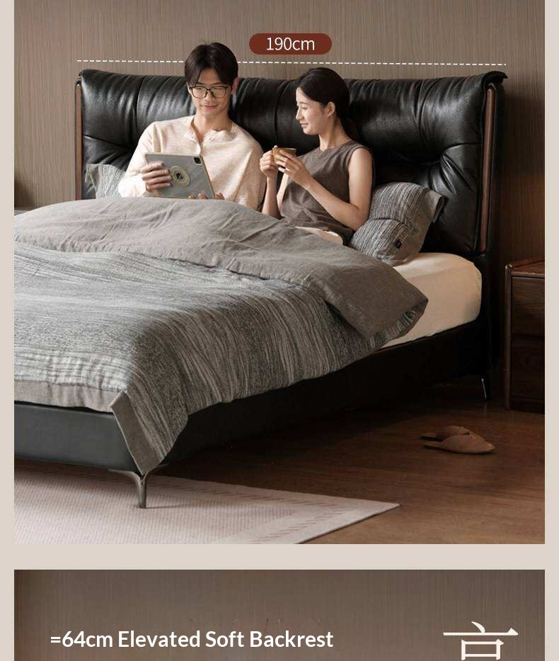 Genuine Leather Platform Bed with Wingback Tufted Headboard
