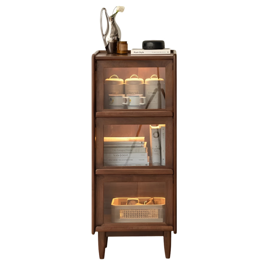Black Walnut, Oak Solid Wood Glass Flip Door Display Side Cabinet LED Lights