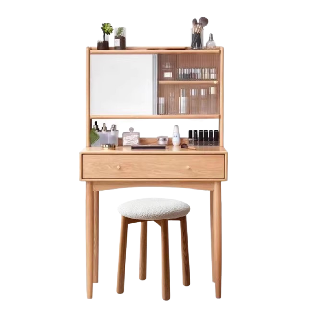 Oak Solid Wood, Solid Rubberwood Vanity Table Hidden Makeup Mirror.