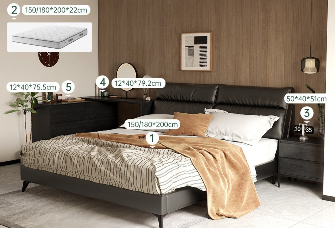 Genuine leather cowhide bed bedroom complete furniture light luxury style black.