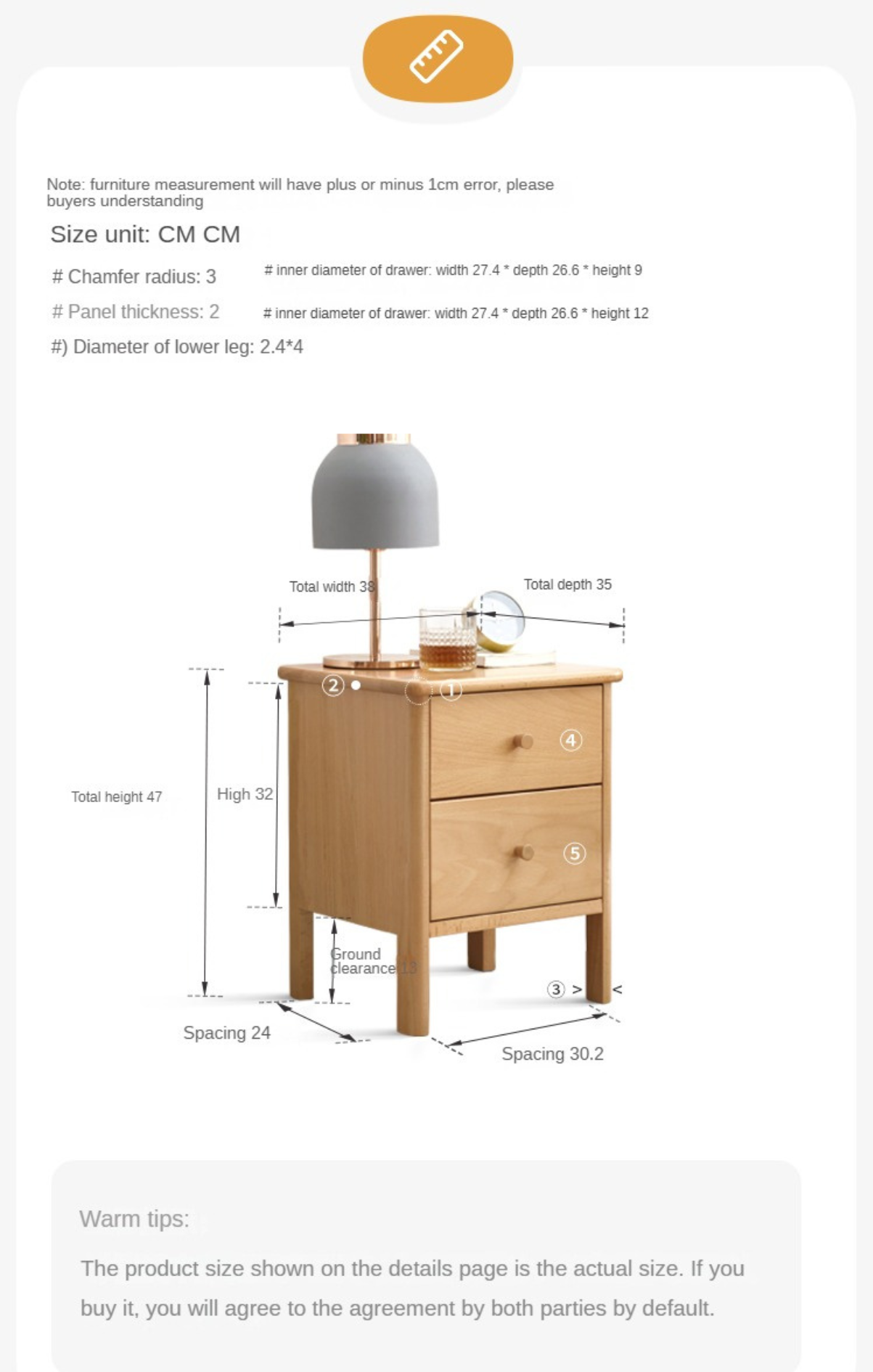 Beech Solid Wood Drawer Nightstand.