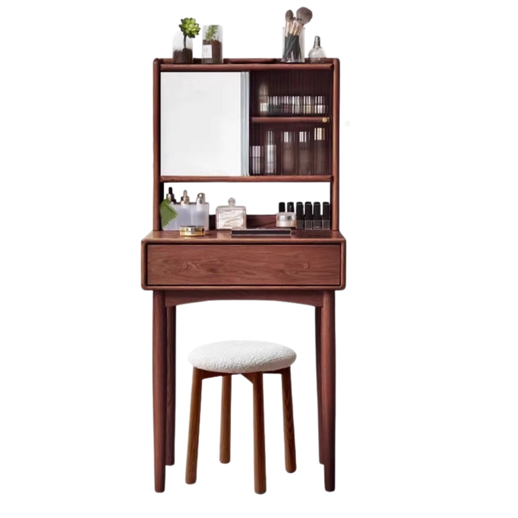 Oak Solid Wood, Solid Rubberwood Vanity Table Hidden Makeup Mirror.
