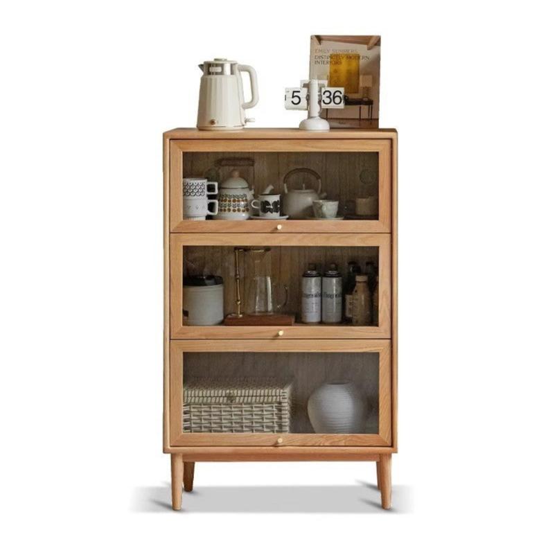 Solid Rubberwood, Oak Solid Wood Multi layer Flip Door Glass Bookcase