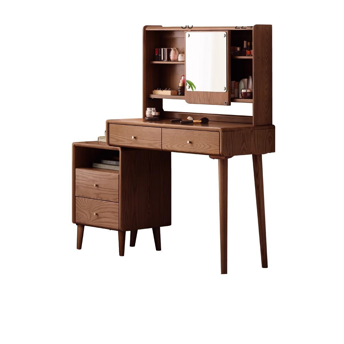 Ash Solid Wood Vanity Table with Mirror Shelf & Flip Cover.