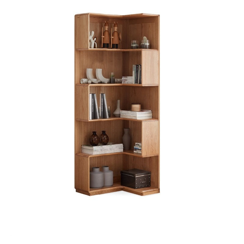 Oak Solid Wood Corner Bookshelf with Floor-Standing Storage Cabinet