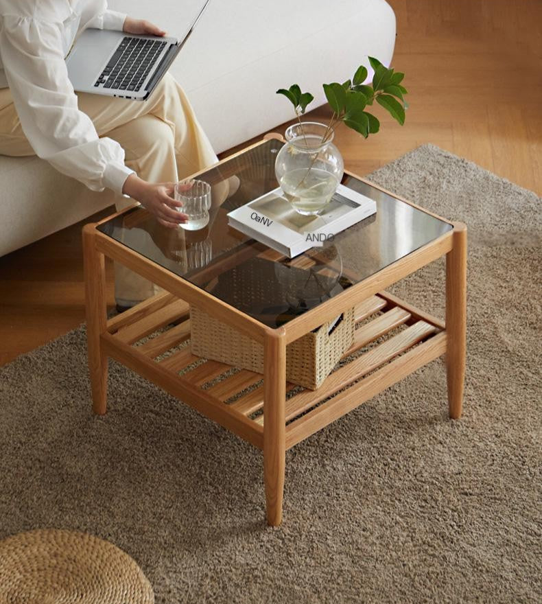 Oak Solid Wood Nordic Glass Coffee Table.