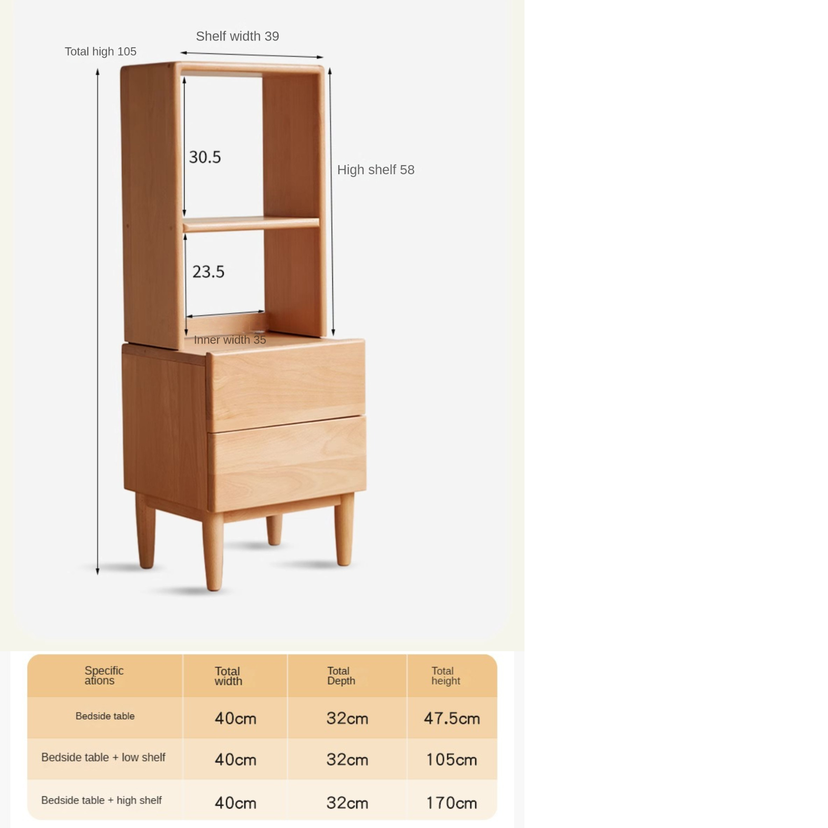 Beech Solid Wood Nightstand and Elevated Storage Rack, Bedside Bookshelf.