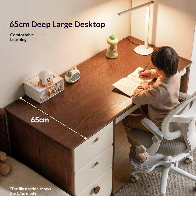 Oak Solid Wood Retro Style Kids Study Desk with Integrated Bookshelf