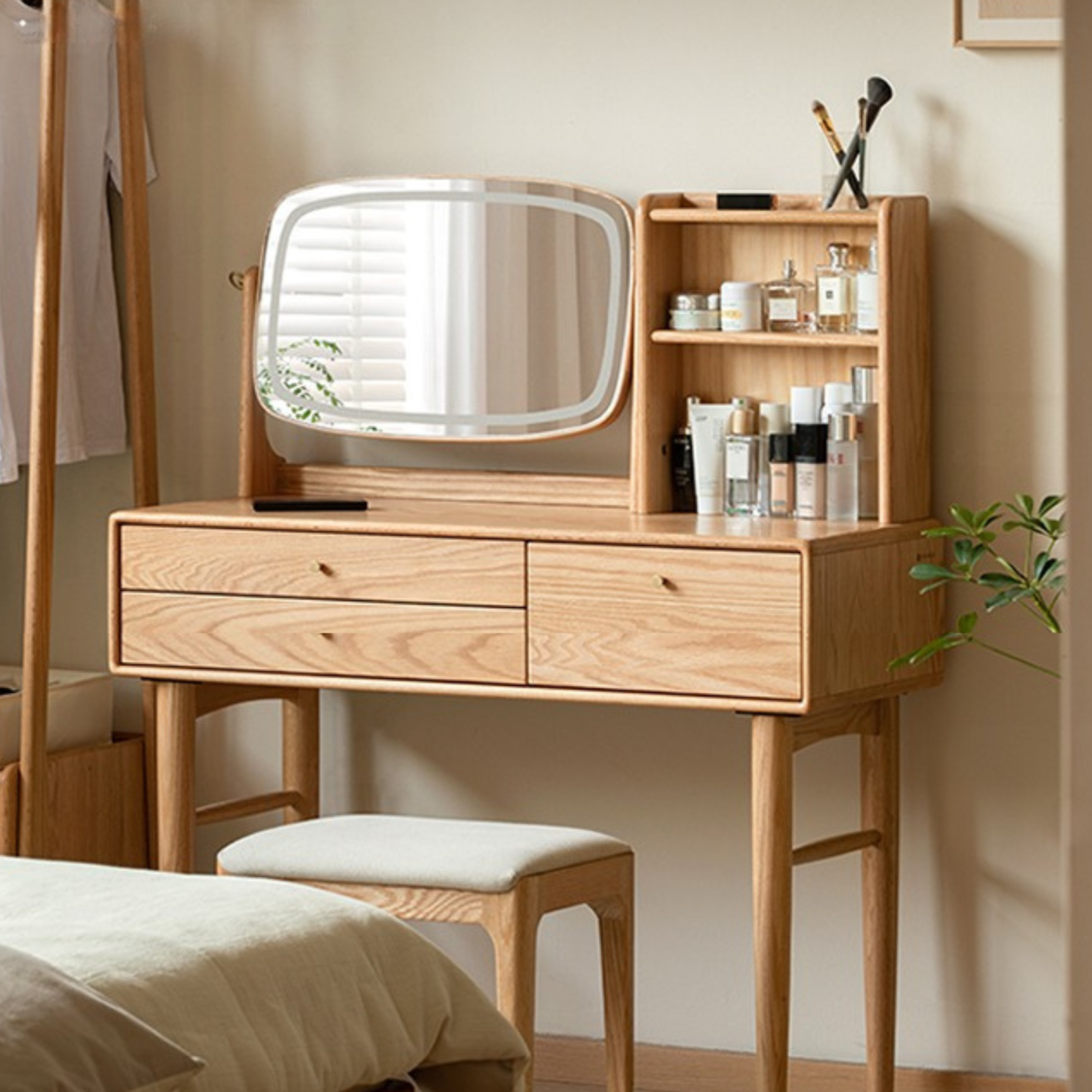 Oak, Ash Solid Wood Dressing Table Lighted Makeup Mirror.