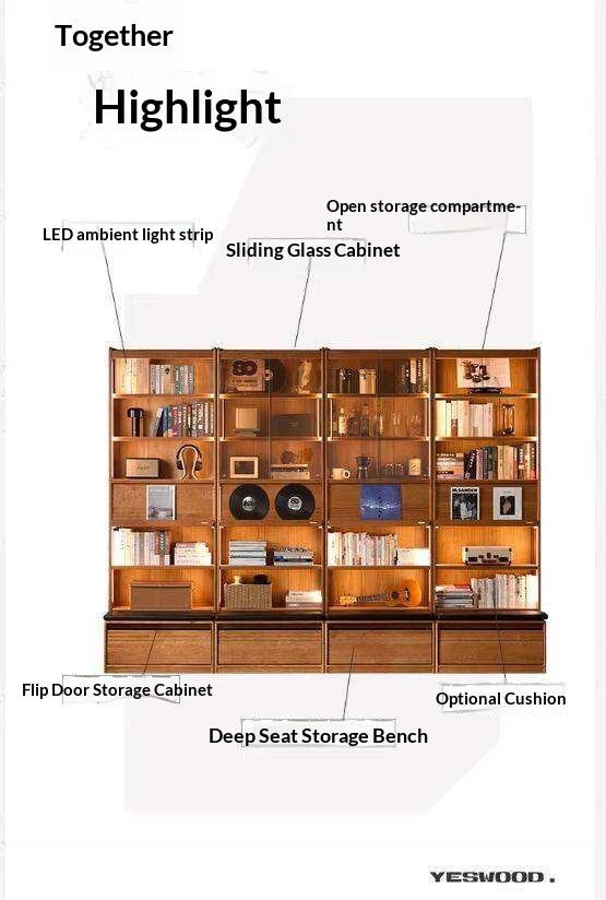 Cherry Solid Wood Bookcase with Wall Integration and Floor Storage Cabinet