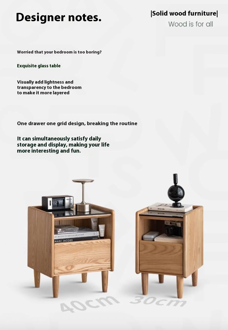 Black walnut, Ash, Cherry, Poplar, Solid Rubberwood Modern Nightstand.