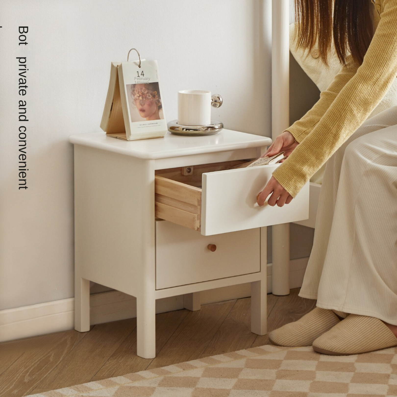 Pine Solid Wood White Luxury Nightstand.