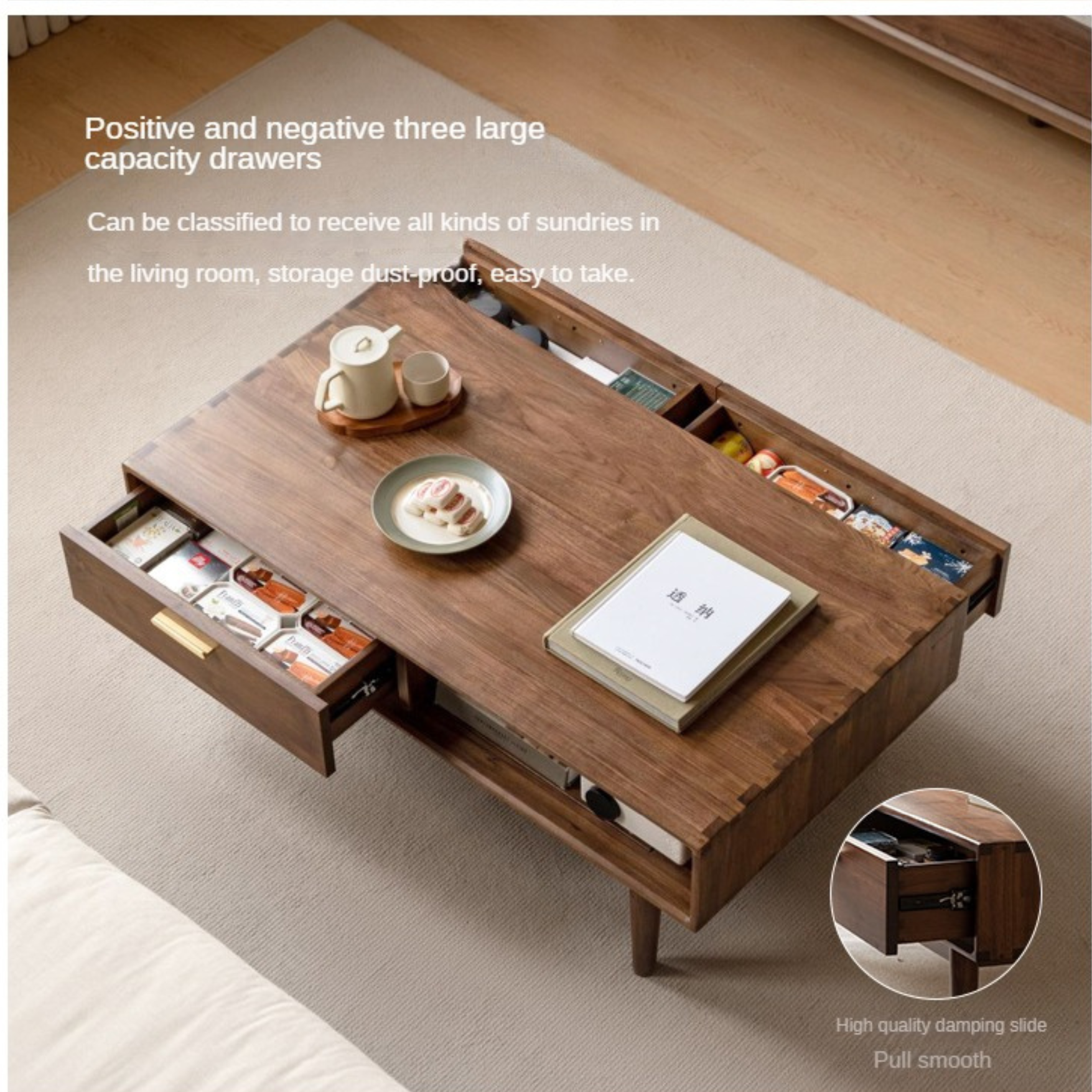 Black Walnut Solid Wood Storage Rock Plate Coffee Table