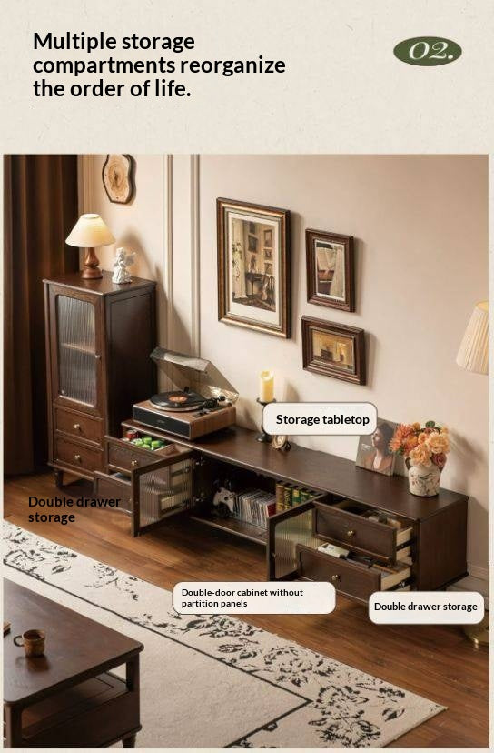 Ash Solid Wood Vintage TV Console with Fluted Glass Doors