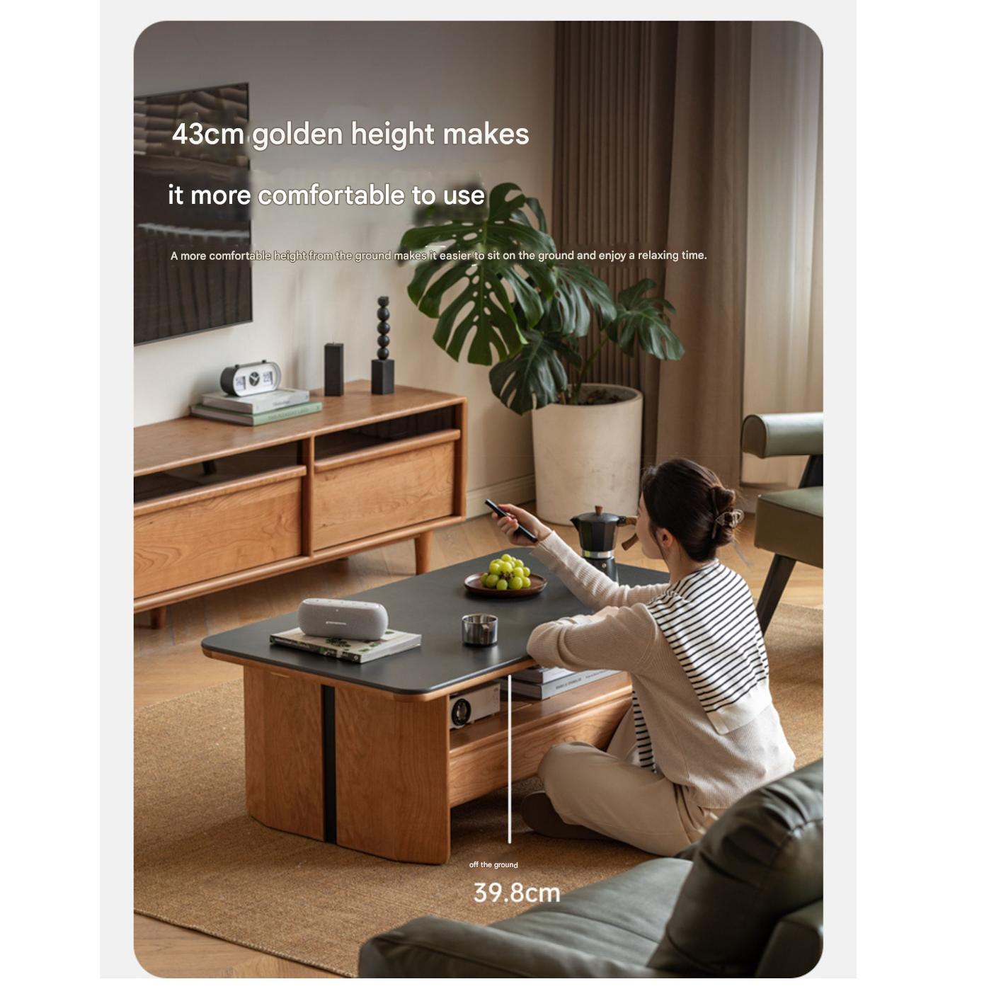 Cherry Solid Wood Modern Rock Plate Coffee Table.