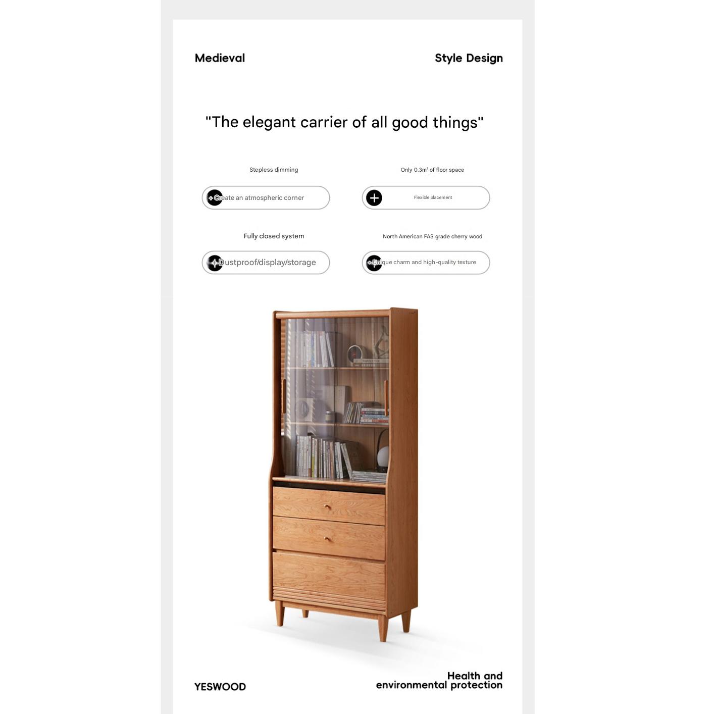Cherry Solid Wood Glass Bookcase.