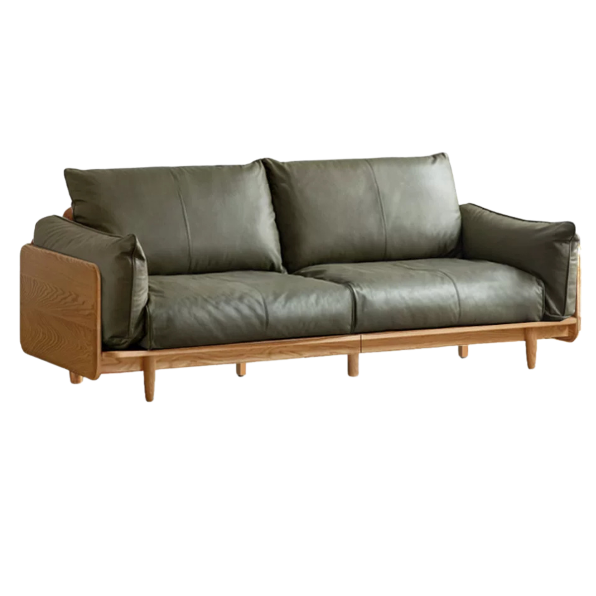Oak, Ash Solid Wood Sofa with Exposed Wide Arms, High-Back, Genuine leather -fabric