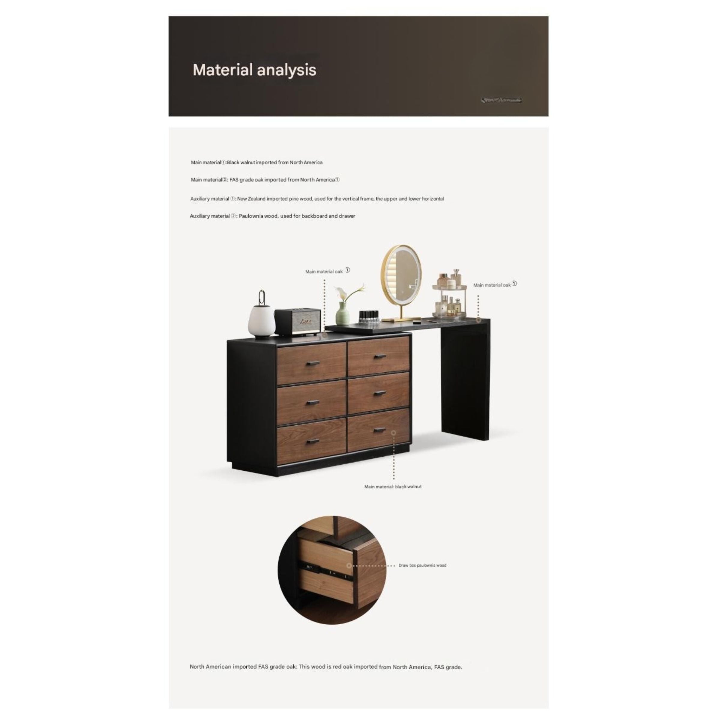 Black Walnut, Oak Solid Wood Italian Light Luxury Dressing Table.