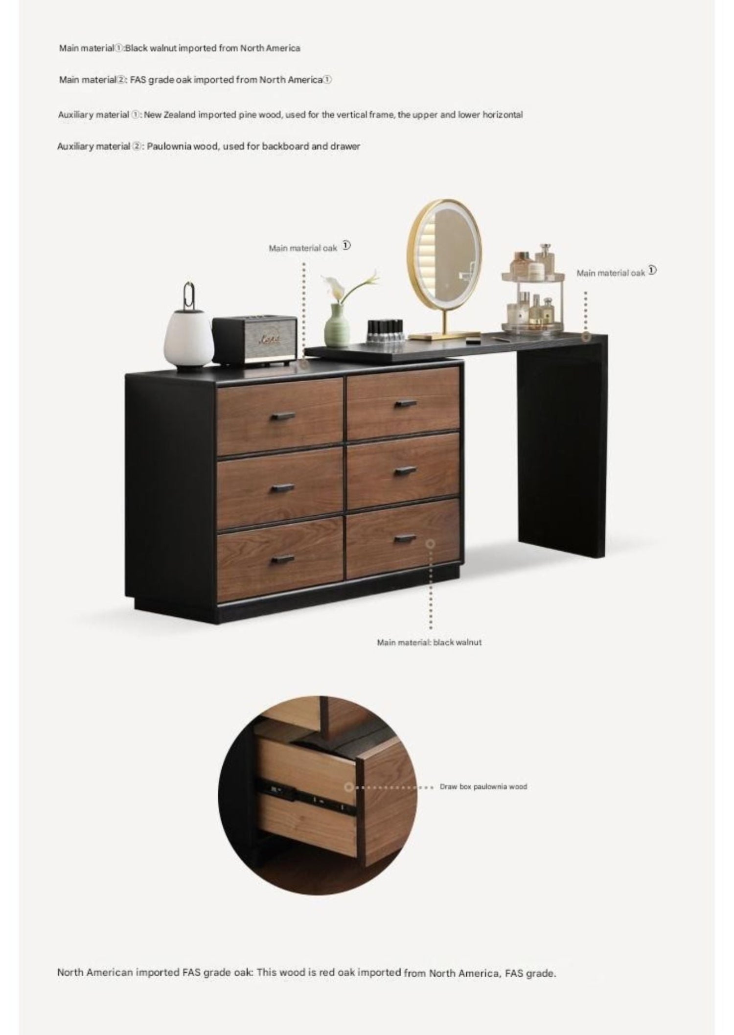 Black Walnut Solid Wood Italian Light Luxury Vanity Table.