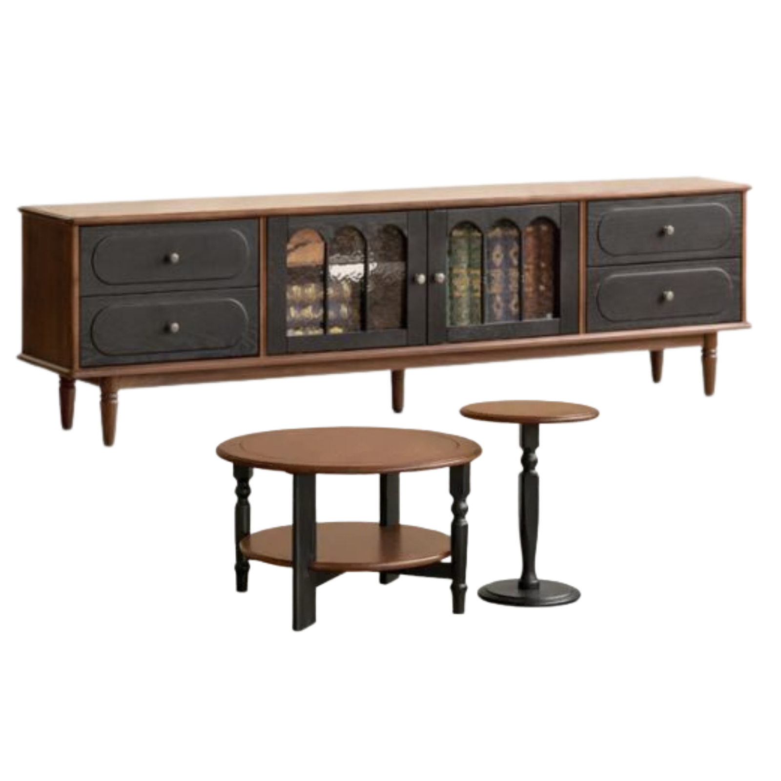 Black Walnut +ash Solid Wood French Country TV Console with Arched Glass Doors