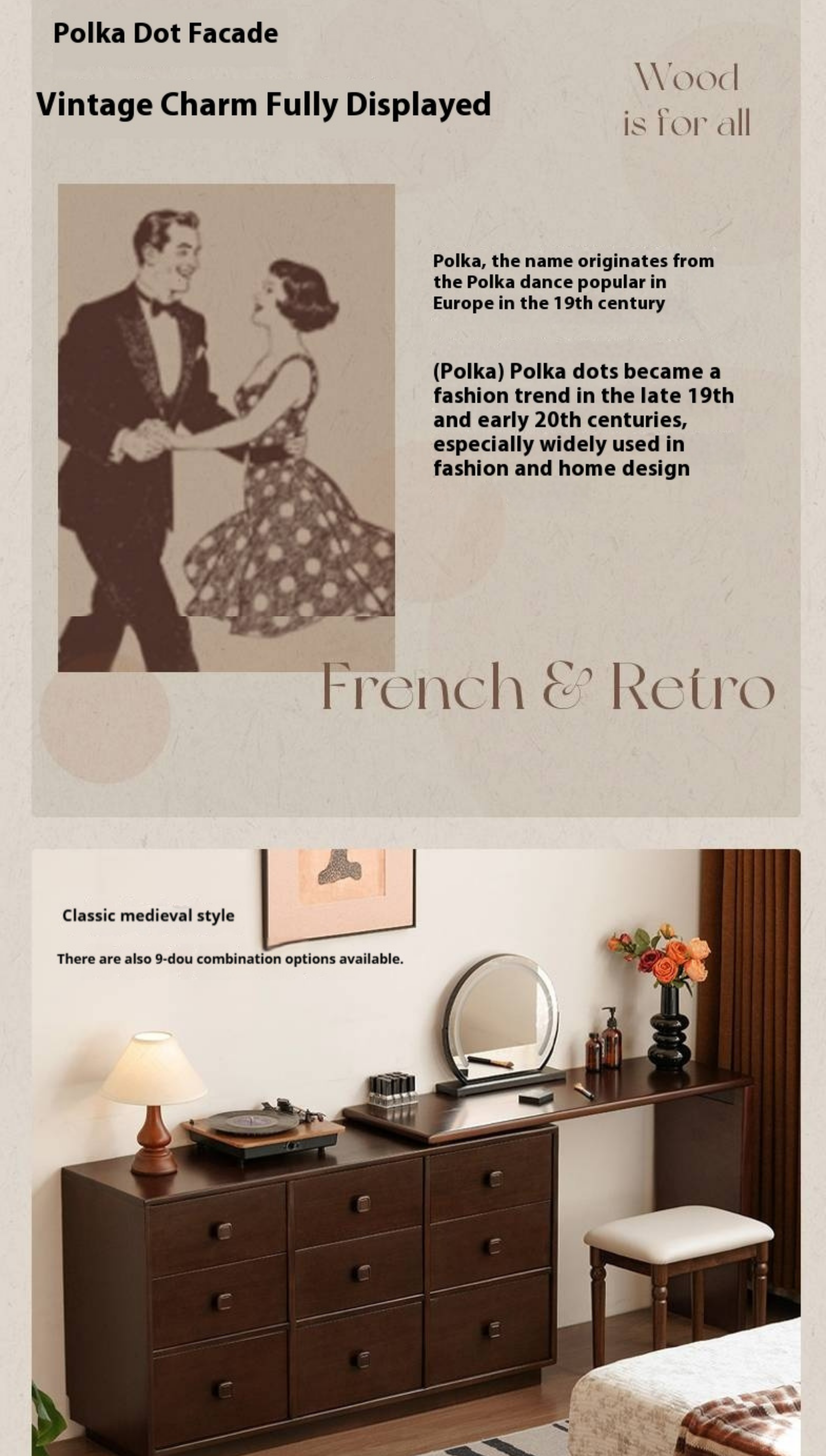 Poplar Solid Wood Retro Medieval Style Rotating Vanity Table.