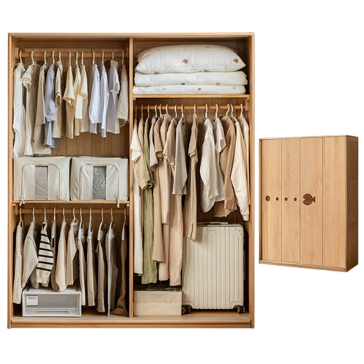 Beech Solid Wood Kids Sliding Door Wardrobe with Adjustable Shelves