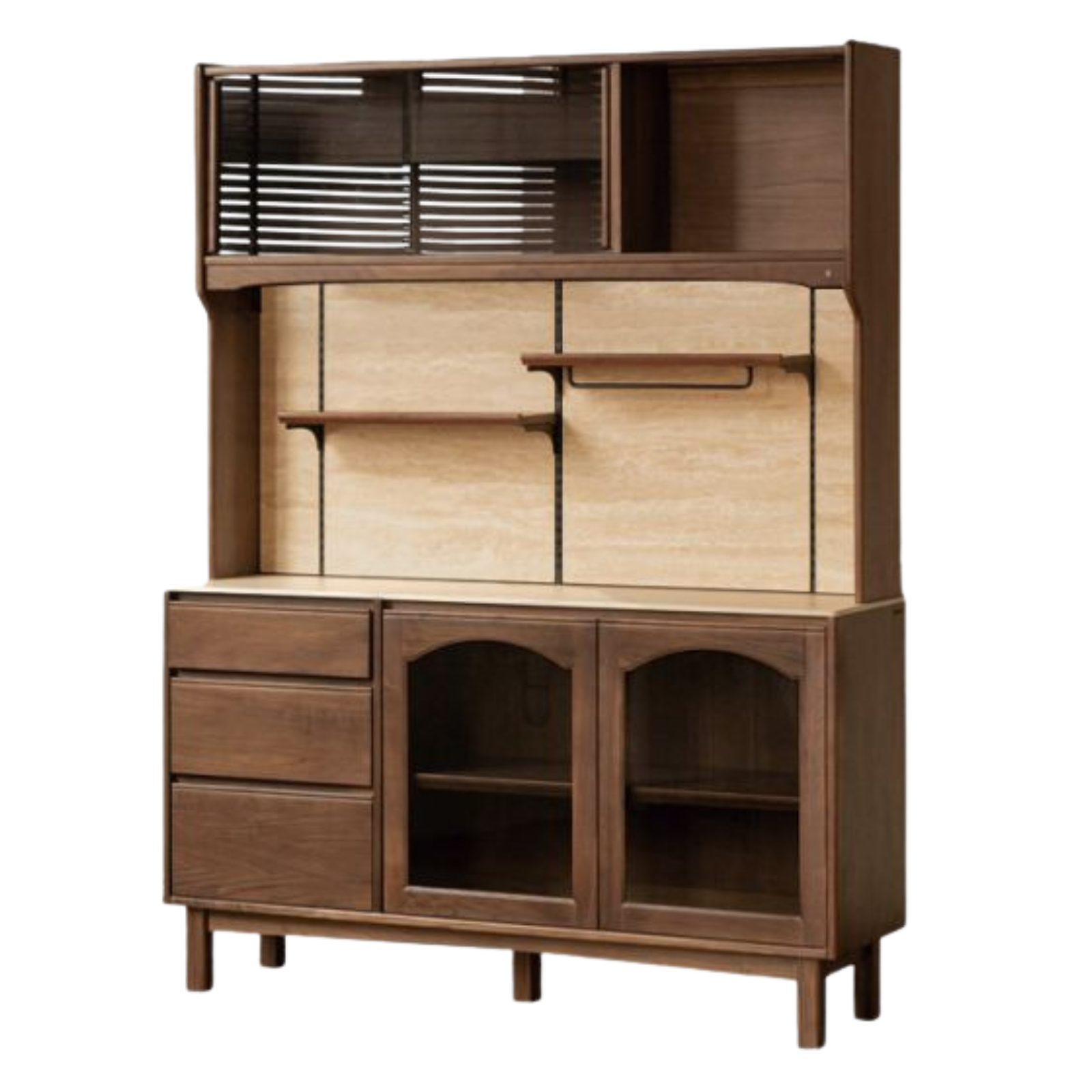 Black Walnut Solid Wood Buffet Cabinet with Retro Style and Rock Board Surface