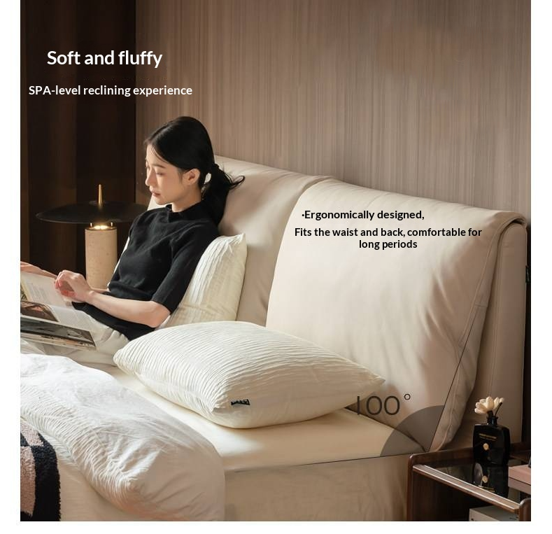 Oak Solid Wood Box Bed — Italian Light Luxury with Soft Genuine leather Backrest