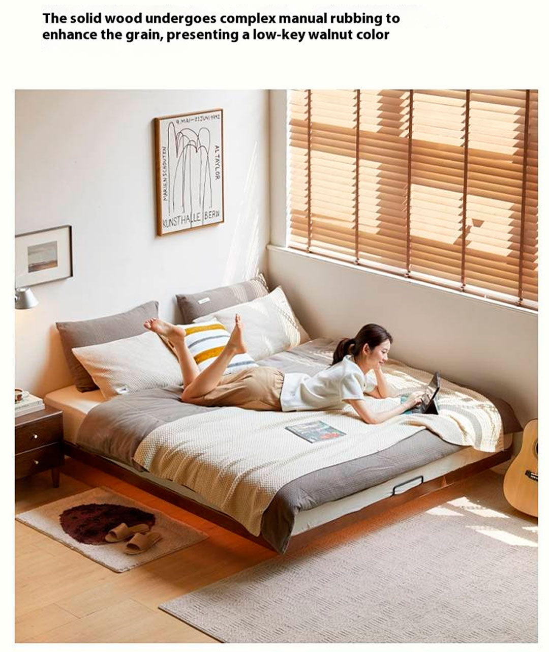 Rubberwood Solid Wood Japanese Style Suspended Platform Bed, Headboard-Free Bed