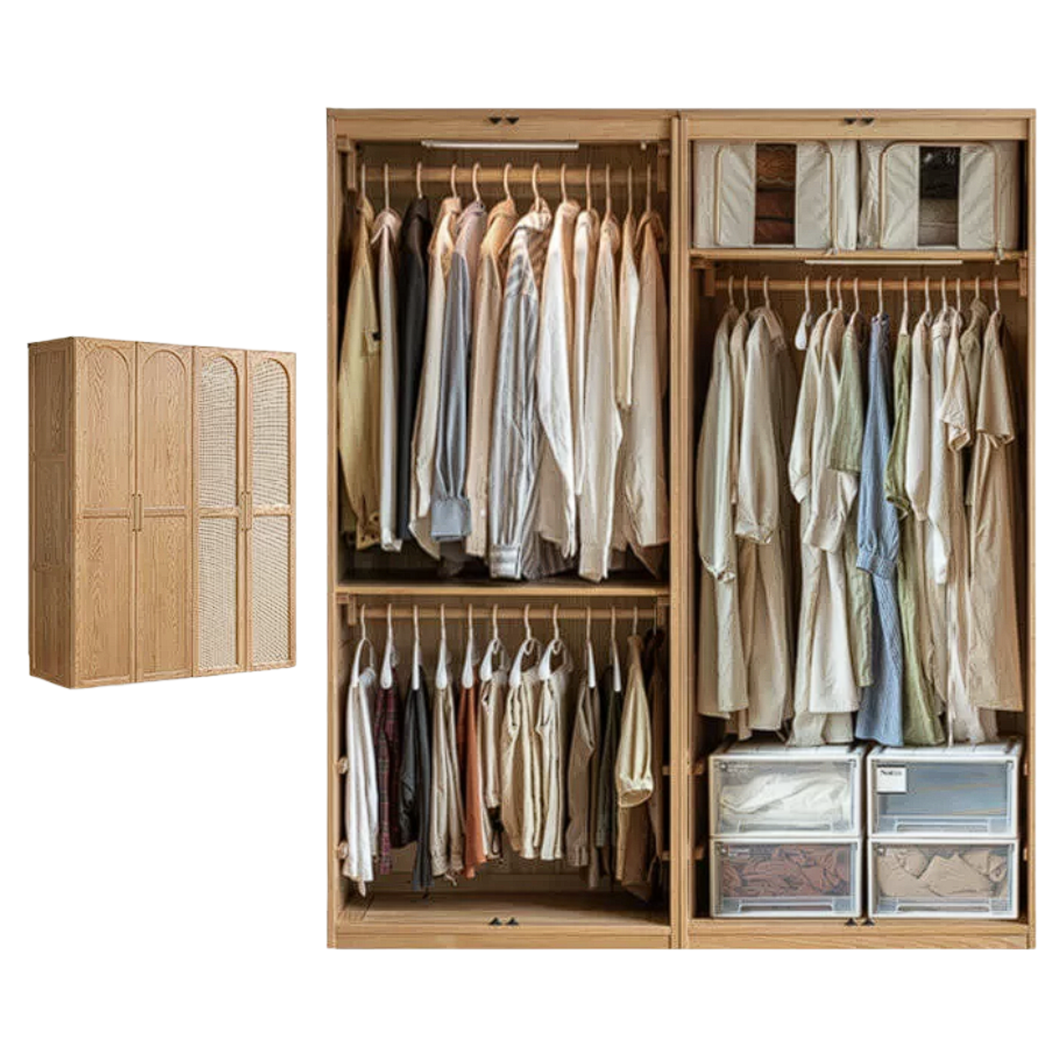 Oak Solid Wood French-Inspired Armoire, Vintage Wardrobe Storage Cabinet