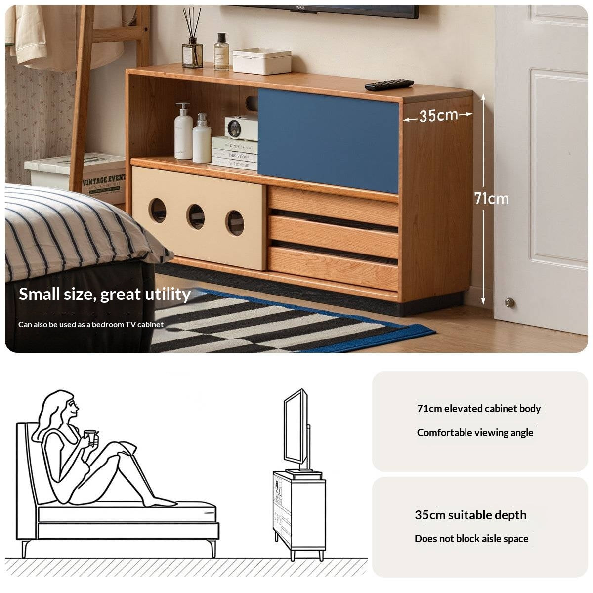 Cherry Solid Wood Vintage TV Stand with Wall-Mounted Tall Cabinet Design