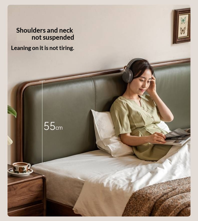 Black Walnut, Beech Solid Wood Retro Upholstered Large Bed