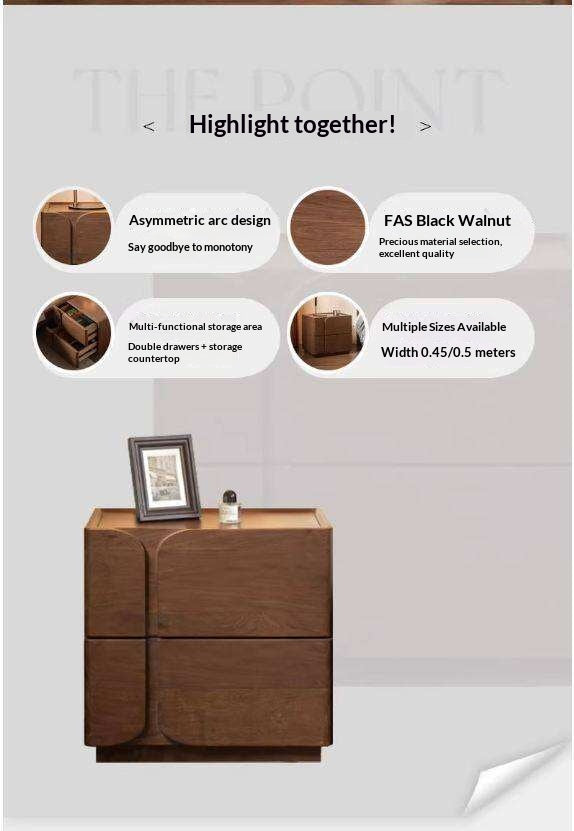 Black Walnut Solid Wood Nightstand with Light Luxury Storage Cabinet